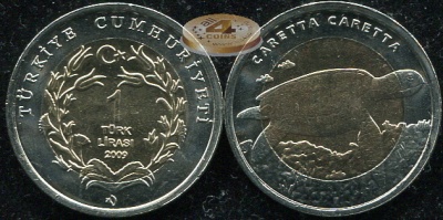 Турция. 1 лира. 2009 (Unc. Биметалл) Морская черепаха