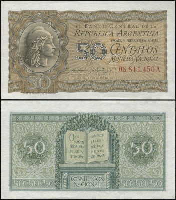 Аргентина. Банкнота 50 центаво. L.1947(1950). Unc. Бумага. Кат.# P.259a