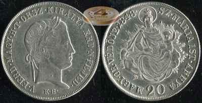 Венгрия (Австрийская имп.). 20 крейцеров. 1848 (aUnc. Серебро)