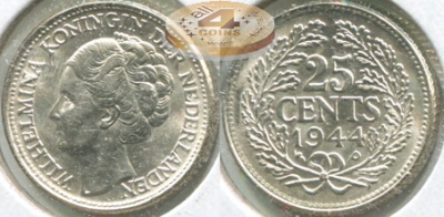 Нидерланды. 25 центов. 1944.P (aUnc/Unc. Серебро)