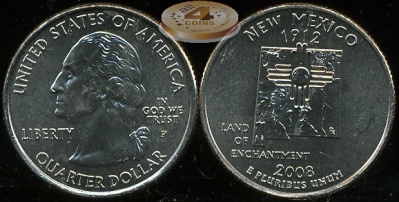 США. Монета 25 центов [Квотер]. 2008.P (KM#422. Unc) Нью-Мексико
