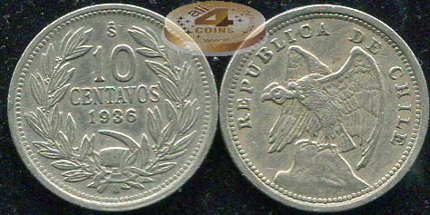 Чили. Монета 10 центаво. 1936 (KM#166. XF)