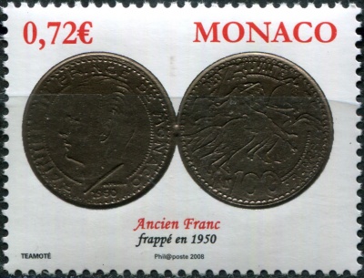 Монако. 2008. Монеты - 100 франков, Ренье III (1950) (Почтовая марка. MNH OG)