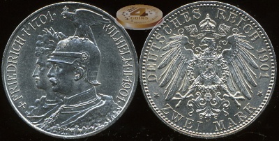 Германия (Пруссия). 2 марки. 1901(A) (Unc. Серебро)