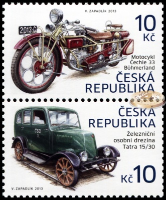 Чехия. 2013. Рельсовый автомобиль «Tatra 15/30». Мотоцикл «Čechie 33 - Böhmerland» (Сцепка. MNH OG)