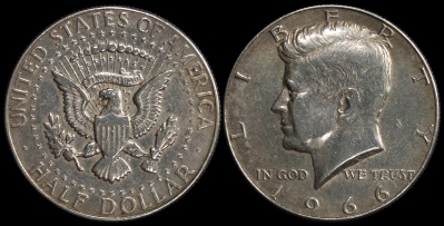 США. 1/2 доллара. 1966.(P) (aUnc/XF+. Серебро) Kennedy Half Dollar