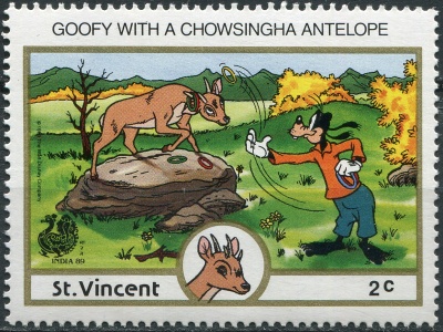 Сент-Винсент. 1989. Гуфи и Четырехрогая антилопа (Почтовая марка. MNH OG)