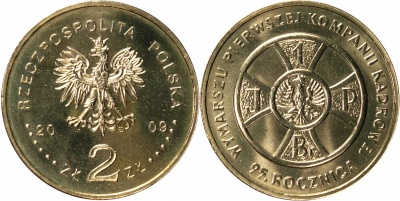 Польша. Монета 2 злотых. 2009 (KM#Y.690. Unc) 95-летие Первой кадровой роты