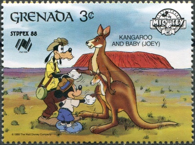 Гренада. 1988. Микки Маус и Гуфи с кенгуру (Почтовая марка. MNH OG)