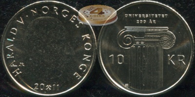 Норвегия. Монета 10 крон. 2011 (KM#484. Unc) 200 лет основанию первого норвежского университета