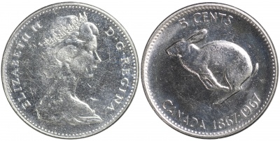 Канада. Монета 5 центов. 1967 (KM#66. aUnc) 100-летие Конфедерации Канады