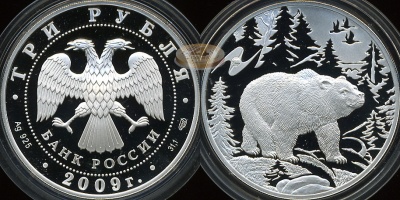 3 рубля. 2009 (Серебро. Proof) Медведь