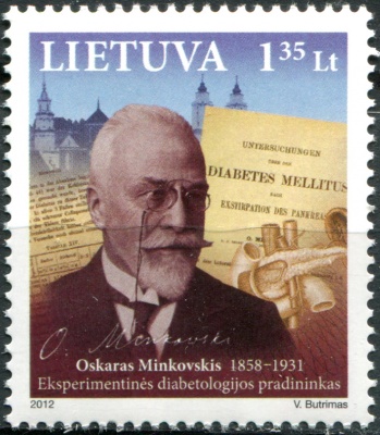 Литва. 2012. Оскар Минковский - пионер экспериментальной диабетологии (Почтовая марка. MNH OG)