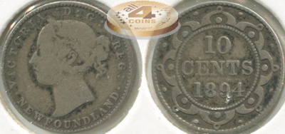 Ньюфаундленд. 10 центов. 1894 (aVF/VF. Серебро)