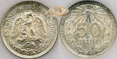 Мексика. 50 центов. 1944 (BU [MS-66] Серебро. Слаб)