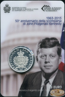 Сан Марино. 5 евро. 2013 (Proof. Серебро) 50 лет со дня убийства Джона Кеннеди