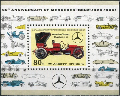 КНДР. 1986. Автомобиль Mercedes-Simplex Phaeton, 1904 (Почтовый блок. MNH OG)