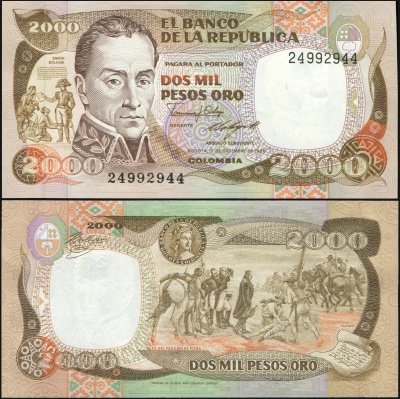 Колумбия. Банкнота 2000 песо оро. 17.12.1986 (1988). Unc. Бумага. Кат# P.430d