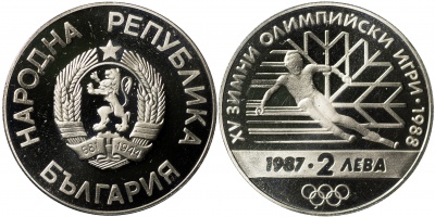 Болгария. Монета 2 лева. 1987 (KM#159. Unc) 15-е зимние Олимпийские игры, Калгари (Канада), 1988