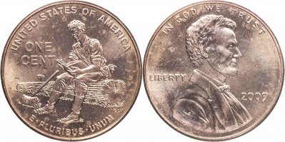 США. 1 цент. 2009.P (Unc) Lincoln Cent. Молодые годы Линкольна в Индиане