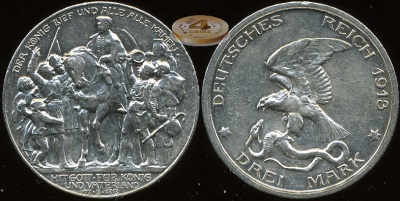 Германия (Пруссия). 3 марки. 1913(A) (aUnc. Серебро)