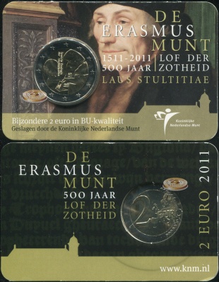 Нидерланды. 2 евро. 2011 (Unc. Биметалл. Coincard) 500 лет издания книги «Похвала глупости»