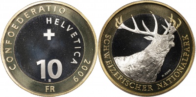 Швейцария. Монета 10 франков. 2009.B (KM#130. Unc. Биметалл) Благородный олень