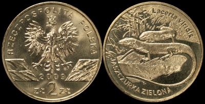Польша. 2 злотых. 2009 (Unc) Зеленая ящерка