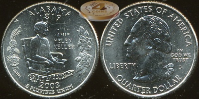 США. Монета 25 центов [Квотер]. 2003.D (KM#344. Unc) Алабама