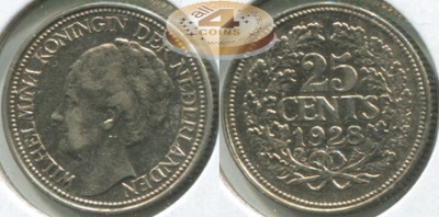 Нидерланды. 25 центов. 1928 (VF. Серебро)