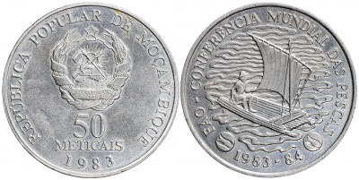 Мозамбик. Монета 50 метикалей. 1983 (KM#106. Unc) ФАО. Международная Конференция по Рыбоводству