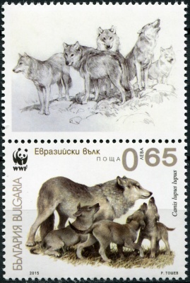 Болгария. 2015. Евразийская волчица с щенками (Почтовая марка. MNH OG)