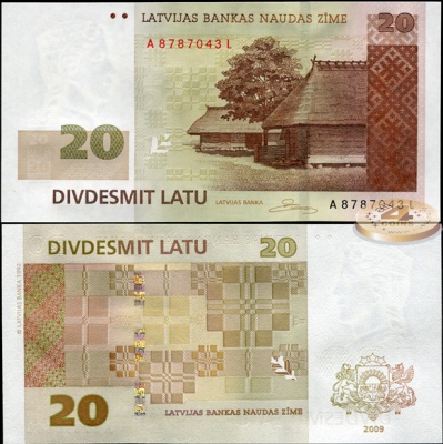 Латвия. Банкнота 20 латов. 2009. Unc. Бумага. Кат.# P.55b