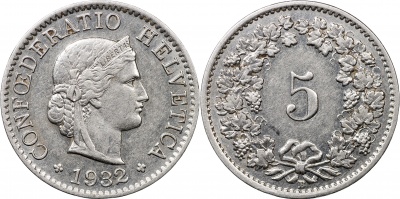 Швейцария. Монета 5 раппенов. 1932.B (S.1212b / KM#26b. aUnc/Unc)