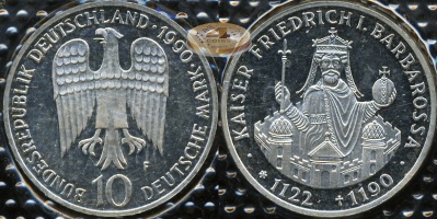 Германия (ФРГ). 10 марок. 1990 F (Proof. Серебро)