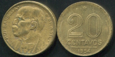 Бразилия. Монета 20 центаво. 1954 (KM#562. VF) Руй Барбоза