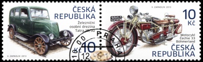 Чехия. 2013. Рельсовый автомобиль Tatra 15/30. Мотоцикл Čechie 33-Böhmerland (Сцепка. CTO Гашеная)