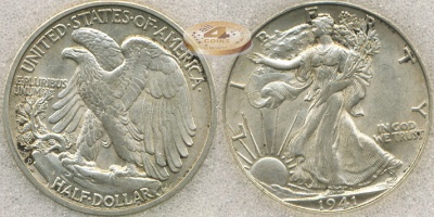 США. 1/2 доллара. 1941 D (BU. Серебро / MS-63, слаб)
