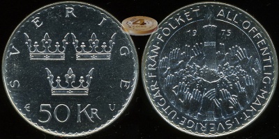 Швеция. 50 крон. 1975 (Unc. Серебро)