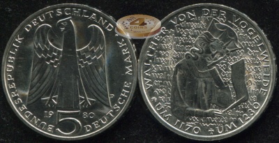 Германия [ФРГ]. 5 марок. 1980.D (Unc)