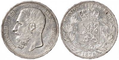 Бельгия. Монета 5 франков. 1875 (KM#24. XF/aUnc. Серебро)