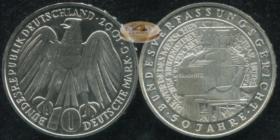 Германия [ФРГ]. Монета 10 марок. 2001.G ( Proof. Серебро) 50 лет Федеральному Конституционному суду