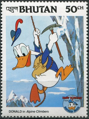 Бутан. 1984. Дональд в фильме "Покорители Альп" (Почтовая марка. MNH OG)