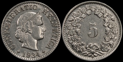 Швейцария. Монета 5 раппенов. 1934.B (KM#26b. aUnc/XF+)