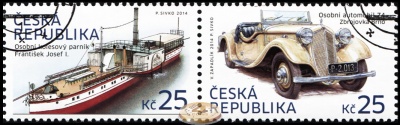 Чехия. 2014. Автомобиль Z4 Zbrojovka Brno. Колесный Пароход "Франц Иосиф I" (Сцепка. CTO Гашеная)