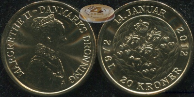 Дания. Монета 20 крон. 2012 (KM#945. Unc) 40 лет со дня коронации королевы Маргрете II