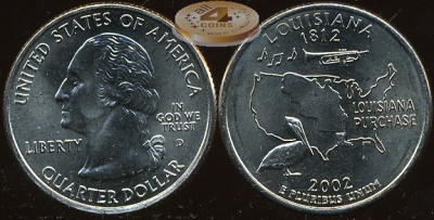 США. Монета 25 центов [Квотер]. 2002.D (KM#333. Unc) Луизиана