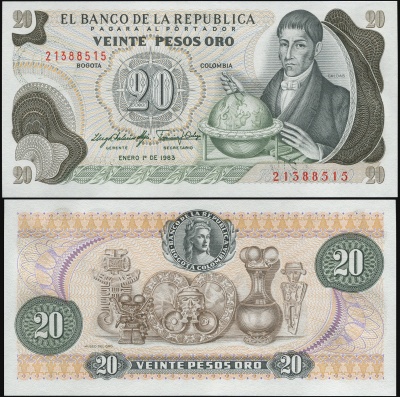 Колумбия. Банкнота 20 песо оро. 01.01.1983. Unc. Бумага. Кат# P.409d