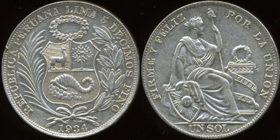 Перу. 1 соль. 1934 (aXF. Серебро)
