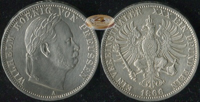 Германия (Пруссия). Монета 1 союзный талер. 1866.A (A.K.S.117. XF. Серебро) На победу в Австро-Прусс